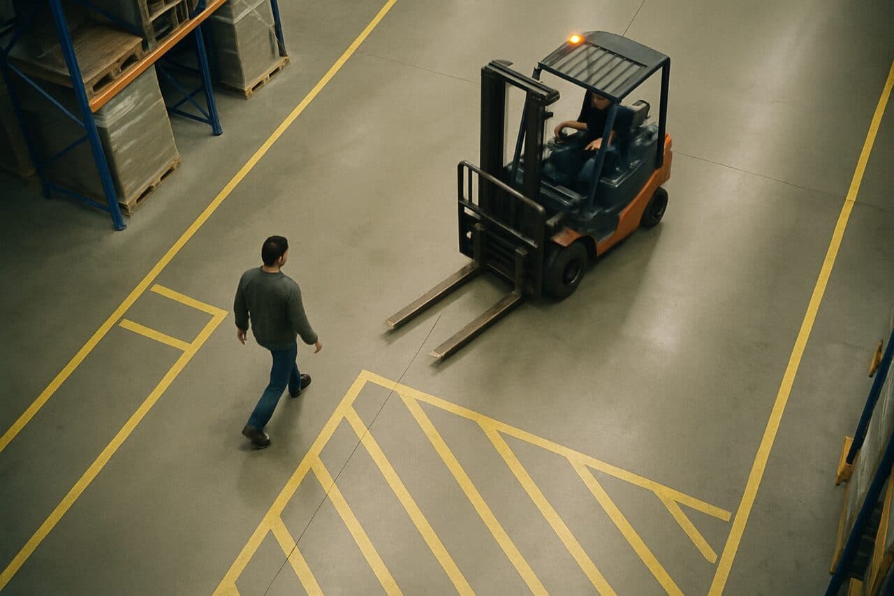 A forklift in a pedestrian zone caught before a collision happens
